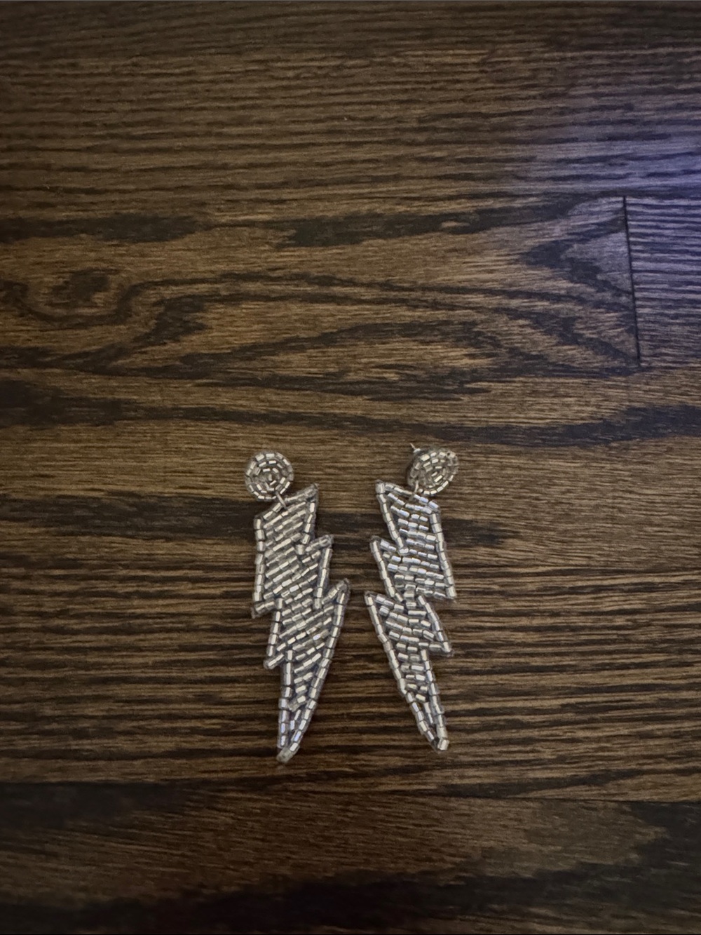 Beaded Lightning Bolt Drop Earrings - Silver Tone